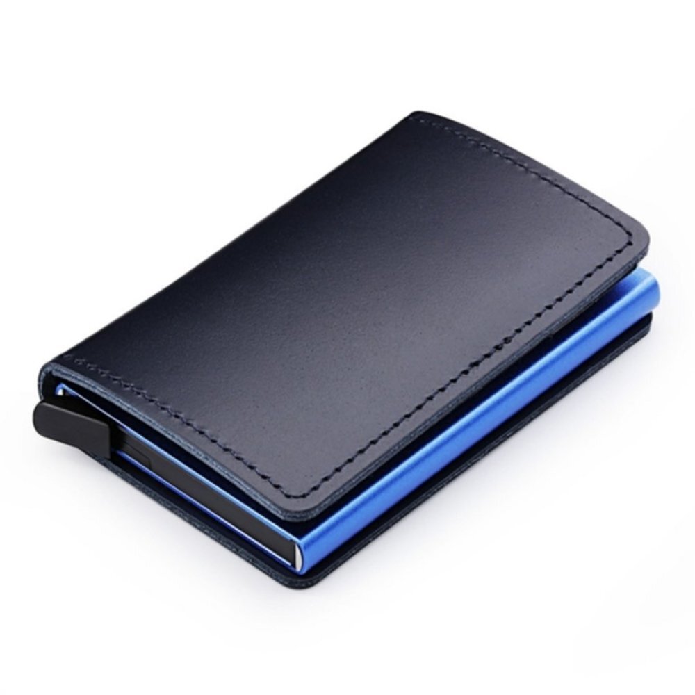 Genuine Leather RFID Card Box Slim Wallet For Credit Cards Metallic Blue